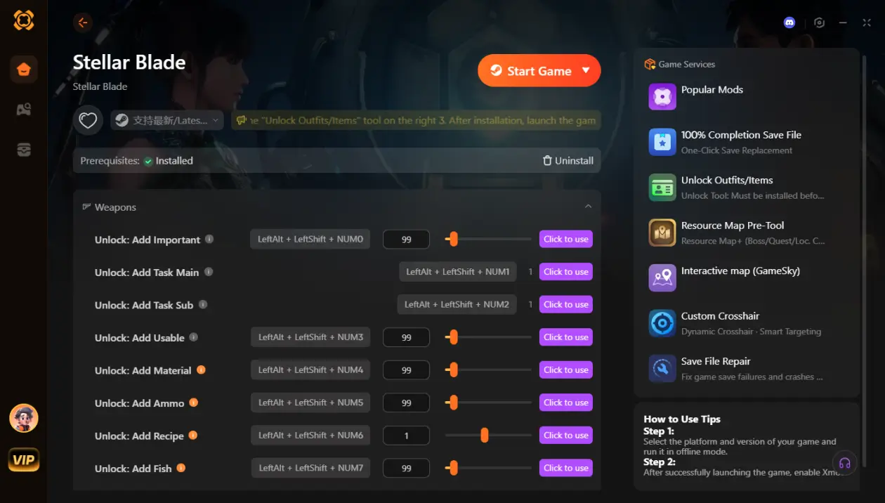 Stellar Blade PC Mod Menu and Trainer interface