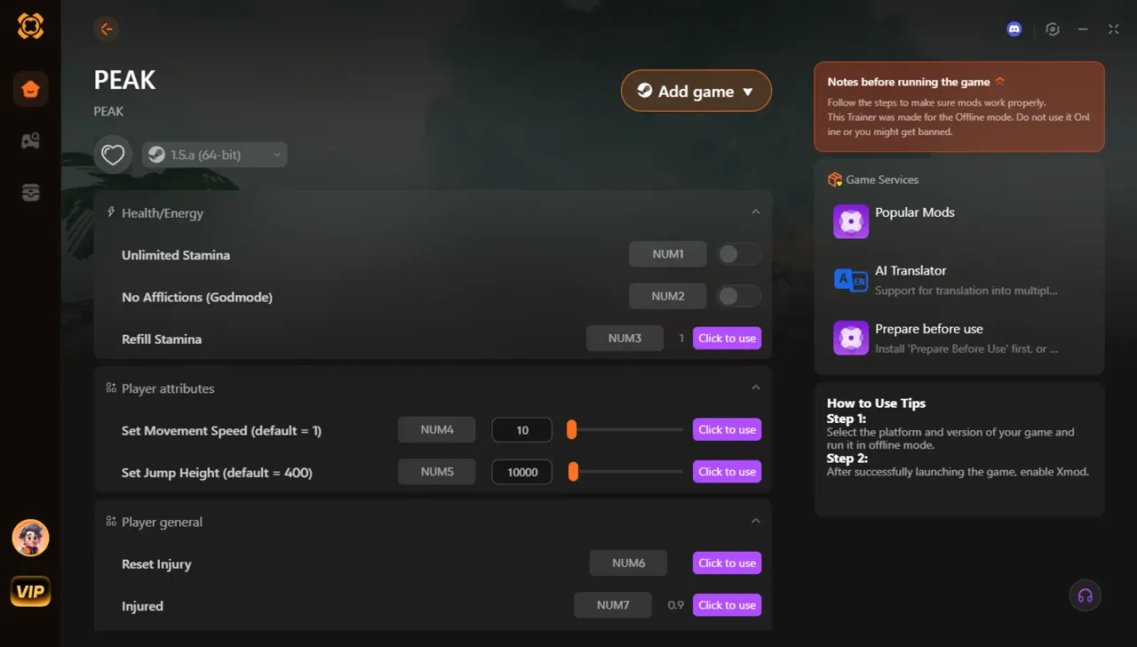 PEAK PC Mod Menu and Trainer interface