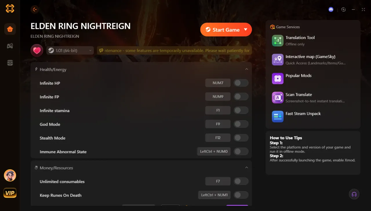 ELDEN RING NIGHTREIGN PC Mod Menu and Trainer interface